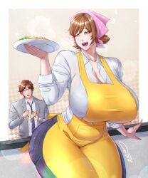 1boy 1girls apron big_breasts breasts brown_hair busty cooking_mama coolpsyco106 curvaceous curvy curvy_body curvy_female curvy_figure female glasses huge_breasts large_breasts mama_(cooking_mama) milf mother papa_(cooking_mama) thick_thighs thighs voluptuous