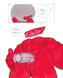 2boys abs anthro biting_own_lip blowjob blowjob_pov blush colgate colgate_(toothpaste) gay kogito naked non_human nude opening_mouth penis red_skin sweatdrop toothpaste yaoi