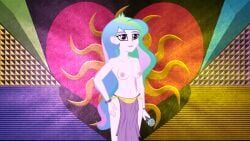 bare_arms bare_breasts bare_legs bare_midriff bare_shoulders bare_thighs belly_button bracelet breasts colorful_background crossover crossover_cosplay equestria_girls exposed_nipples heart_background lipstick loincloth microphone midriff multicolored_hair my_little_pony my_little_pony_equestria_girls my_little_pony_friendship_is_magic navel nipple_exposed nipples nipples_out nipples_outside pink_lipstick pink_skin princess_celestia princess_celestia_(eg) princess_celestia_(mlp) principal_celestia purple_bracelet purple_eyes purple_loincloth slave_leia_(cosplay) star_wars thick_thighs