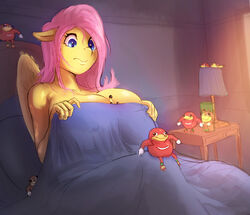 bed bed_sheet bedroom big_breasts blue_eyes female fluttershy_(mlp) friendship_is_magic knuckles_the_echidna large_breasts maarthul meme my_little_pony nipple_bulge no_bra nude pink_hair sonic_(series) straight_hair ugandan_knuckles under_covers yellow_skin