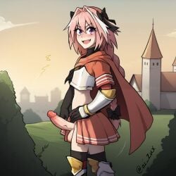 1boy ai_generated astolfo_(fate) astolfo_(fate/apocrypha) casual casual_erection erection fate/apocrypha fate_(series) femboy penis pink_hair skirt walking zux_edits