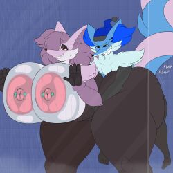 1:1 absurd_res against_surface anthro areola ass bath bathing big_breasts big_butt black_body blue_body blue_fur braixen breasts breasts_on_glass canid canine coffee_demon delphox duo fan_character female fox fur generation_6_pokemon hi_res huge_breasts karter_(thixxen) male male/female mammal nintendo nipple_piercing nipples on_glass piercing pink_areola pink_nipples pokemon pokemon_(species) purple_body purple_fur sex showering smile sound_effects text thick_thighs zafina_(coffee_demon)