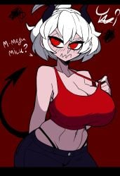 2023 blush breasts cleavage demon demon_girl devil_tail embarrassed female female_only helltaker high-waisted_thong horns huge_breasts jeans malina_(helltaker) mega_milk navel red_eyes short_hair solo sports_bra strap_pull tail text thieviusa toned wavy_mouth white_hair wide_hips