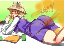 big_butt blonde_female blonde_hair blush brap butt eating embarrassed fart fart_cloud fart_fetish farting hat huge_butt large_butt lazei lying_on_stomach shart sharting smell stinky suwako_moriya touhou