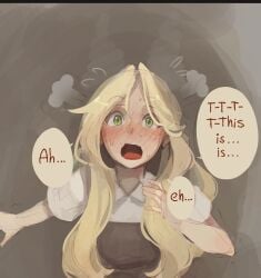 after_sex apron blonde_hair blush brown_apron commentary cum cum_on_neck dress embarrassed english_commentary english_text facing_viewer female freckles green_eyes highres long_hair open_mouth original short_sleeves solo speech_bubble standing sushoartworks sweat white_dress