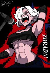 abs armpits breasts choker crop_top demon demon_girl devil_tail earrings female female_only hair_over_one_eye helltaker horns jeans large_breasts lip_piercing microphone microphone_stand midriff muscular_female nose_piercing piercing punk rocker sharp_teeth short_hair singing solo tail thieviusa underboob white_hair zdrada_(helltaker)