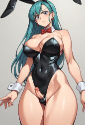 1futa ai_generated angry_expression angry_face aqua_hair ass balls_in_panties barely_clothed big_breasts blue_eyes blue_hair bulma_(bunny) bulma_briefs bunny_ears bunny_girl bunnysuit cute_face dragon_ball futa_focus futanari hips large_breasts leotard leotard_aside long_hair navel small_penis solo solo_focus tiny_penis uncensored