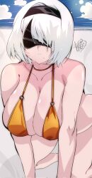 1girls bikini blindfold breasts female female_only large_breasts light-skinned_female light_skin nier:_automata omochi_db solo swimsuit thighs white_hair yorha_2b