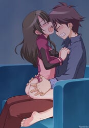 1boy 1girls blush blushing brown_hair chousoku_henkei_gyrozetter clenched_teeth clothed clothed_sex clothing duo haruka open_mouth sex shunsuke_hayami straight tagme