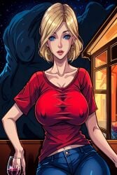 1girls ai_generated beth_smith big_breasts blonde_hair blue_eyes breasts clothing female female_only gurman jeans looking_at_viewer nipples rick_and_morty short_hair solo