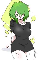 breasts dressed eraoriginal female girl gray_clothes green_hair oc original_character pale_skin rule_63 smile thighs white_body