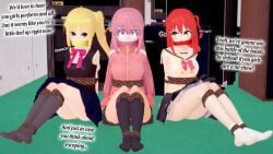 3d 3girls arms_behind_back blonde_hair blush bocchi_the_rock! bondage bound_ankles bound_legs captured dialogue gag gagged gotou_hitori humiliation ijichi_nijika kidnapped kidnapping kita_ikuyo koikatsu moaning multiple_girls pink_hair red_hair rope_bondage tied_up