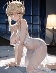 1girls a1exwell ai_generated artoria_pendragon artoria_pendragon_(lancer) bed blonde_hair blush cleavage fate/grand_order fate_(series) green_eyes lingerie nightdress nipples_visible_through_clothing see-through stable_diffusion transparent_clothing visible_through_clothes