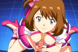 ai_generated blouse bows breasts brown_hair green_eyes haruka_(pokemon) idol masturbation may_(pokemon) may_(pokemon_oras) neckline neon_lights nightclub nipples pokemon pokemon_oras pov sexy sexy_body sexy_cleavage sexy_pose sexy_smile skirt things