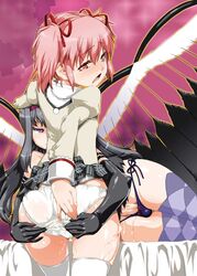 akemi_homura akuma_homura ass ass_grab bed cover cum cum_on_legs female futanari gloves human intersex leggings madoka_kaname mahou_shoujo_madoka_magica panties penis rape_face ribbons school_uniform shinama side_tie_panties skirt spread_anus surprised through_clothes wings