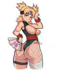 1girls 2020 ass bandages blonde_hair breasts breasts_out curvy fan female female_focus female_only fishnets headband jakuson_z naruto naruto_shippuden nipples temari white_background winking