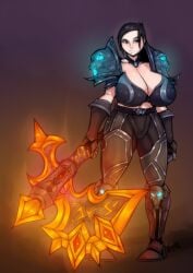 axe black_hair breasts_bigger_than_head cleavage huge_breasts original_character sexualyeti