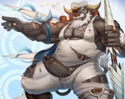 1animal 1anthro 1boy ahab_(tokyo_afterschool_summoners) anthro anthro_only arm_up bara beard bearded belly belly_bulge big_balls big_hands black_body black_fur buffalo bulge bulge_through_clothing bulging_belly bulging_nipples bulging_penis cape dsharp_k ears_down erect_penis erected_penis erection fat fat_man gay grey_hair hairy hairy_arms hairy_chest hairy_male hanging_penis hard_nipples hard_on holding_arm_up horn horns male male_only moustache obese penis pipe precum precum_drip precum_on_penis precum_string ripped_clothing sailor sailor_hat scars scars_all_over scars_on_arm scars_on_legs smoking smoking_pipe solo standing tail tank_top uncircumcised uncircumcised_penis uncut uncut_penis veiny veiny_penis weapon white_beard white_hair white_shirt