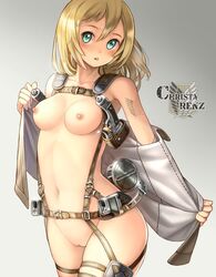 1girls attack_on_titan blonde_hair blue_eyes blush breasts christa_lenz curvy female female_only historia_reiss jacket nipples nude open_clothes open_jacket pussy shingeki_no_kyojin short_hair solo sweatdrop tattoo uncensored undressing wide_hips xil