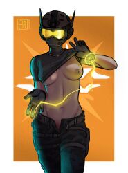 1girls 8botfunpunch colombian colombian_female female female_only gloves helmet latina lifted_by_self no_bra one_breast_out orange_background petite rainbow_six_siege shirt_lift small_breasts solis_(rainbow_six) solo solo_female toned toned_female