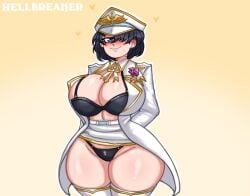 2d absurd_res angel angel_general_(helltaker) archangel_(helltaker) bangs_over_one_eye black_hair blue_eyes blush bra breasts cleavage curvy curvy_female curvy_figure digital_media doocen hair_covering_eyes hat hearts helltaker hourglass_figure huge_breasts huge_thighs looking_at_viewer michael_(helltaker) military_uniform open_clothes panties short_hair skirt_lift thick_thighs thighhighs underwear voluptuous voluptuous_female white_uniform