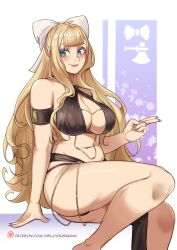 1girls absurdres artist_name blonde_hair blue_eyes blunt_ends breasts charlotte_(fire_emblem) criss-cross_halter deliciousbra deliciousbrain female female_only fire_emblem fire_emblem_fates hair_ribbon halterneck harem_outfit highres large_breasts long_hair looking_at_viewer meme_attire nail_polish navel nintendo ribbon smile solo thighs white_ribbon yomorio_lingerie