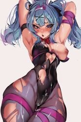 absurdres animal_ears armpits arms_behind_head black_leotard blue_eyes blue_hair blush breasts clothing_cutout cum cum_on_body cum_on_breasts cutout_above_navel facial fake_animal_ears female hair_intakes hair_ornament hatsune_miku heart heart-shaped_pupils heart_cutout highres impossible_clothes impossible_leotard leotard looking_at_viewer neck_ribbon one_breast_out open_mouth pantyhose playboy_bunny rabbit_ears rabbit_hole_(vocaloid) red_ribbon ribbon solo suliavtuber symbol-shaped_pupils teardrop_facial_mark thigh_strap torn_clothes torn_leotard torn_pantyhose twintails vocaloid x_hair_ornament