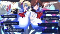 2girls absurd_res aigis_(persona) android android_girl atlus big_breasts blonde_hair blue_eyes blue_eyeshadow breast_focus breast_to_breast breasts breasts_bigger_than_head brown_eyes brown_hair cardigan choker cleavage clothed competition earrings english_text female female_only fully_clothed heart_choker hi_res hoop_earrings huge_breasts hyper_breasts lactation lactation_through_clothes large_breasts megami_tensei persona persona_3 pink_cardigan pink_lipstick pink_sweater red_eyeshadow red_lipstick ribbon robot robot_girl school_uniform sega straining straining_buttons straining_clothing sweater text text_box xendrawsseggs xendrawsthings yukari_takeba