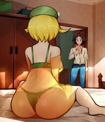 1boy 1girls arkeus bedroom bianca_(pokemon) big_ass cheren_(pokemon) exposed_chest female from_behind fully_clothed_male green_lingerie huge_ass lingerie looking_at_each_other orange_clothing pokemon pokemon_bw pokemon_bw2 see-through_clothing sideboob sitting_on_bed thick_thighs wariza wide_hips