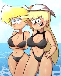 2girls annoyed_expression autart beach big_ass big_breasts black_bikini blonde_female blonde_hair female female_only happy_expression human leni_loud lori_loud multiple_girls nickelodeon sea sisters the_loud_house thick_thighs voluptuous white_hat