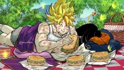 1boy 1girls after_sex amartbee artist_signature black_hair blonde_hair canon_couple chichi disheveled dragon_ball dragon_ball_z eating female heart humor husband_and_wife kiss_mark light_skin lipstick_mark male picnic saiyan sandwich son_goku super_saiyan