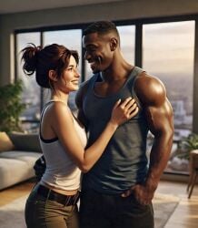 ai_generated couple cute dark-skinned_male dark_skin husband_and_wife lara_croft lara_croft_(ai_generated) muscular_male smiling tomb_raider