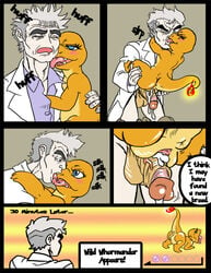 2013 anus ass ass_up balls blue_eyes blush charmander closed_eyes clothed clothes comic cum english_text female fire human josemalvado kissing licking nintendo open_mouth orange_body penis pokémon_(species) pokemon pokephilia pussy samuel_oak size_difference smile tail tail_fire text tongue tongue_out uncut video_games