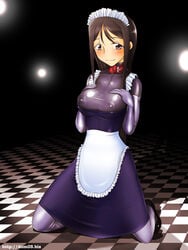 apron blush brown_eyes brown_hair checkered checkered_floor collar dom03 elbow_gloves female female_only gloves highres latex latex_clothing latex_gloves leather_collar long_gloves long_hair maid maid_apron maid_headdress mary_janes rubber rubber_clothing shiny_clothes shoes thighhighs tight_clothing