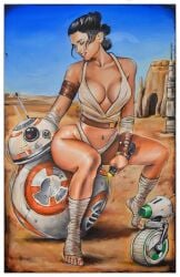 1girls 2boys acrylic arm_warmers arm_wraps armlet armwear ass bandage bb-8 belt big_ass black_hair bracelet breasts brown_hair cleavage closed_eyes clothed_female clothing curvy d-o daisy_ridley day desert droid eyelashes feet female female_only foot_wraps footwear front_view hair hair_bun holding_object holding_sword holding_weapon human improvised_sex_toy jeremy_worst leg_wraps lightsaber lightsaber_hilt lipstick machine medium_breasts melee_weapon multiple_boys nail_polish navel orange_nails outdoors outside painting_(artwork) panties parted_lips photo_(medium) red_lipstick rey robot science_fiction sitting sitting_on_person skimpy sky smile solo star_wars stirrup_legwear stirrup_socks sword tatooine teeth the_rise_of_skywalker thick_thighs tied_hair toeless_legwear toes traditional_media vibrating weapon wraps yellow_lightsaber