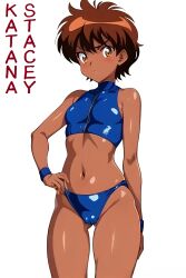 /// 1girls ai_generated angry angry_face blue_clothing blue_crop_top blue_latex blue_panties blush brown_hair cameltoe character_name cheng_stacia chieftain:_the_daughter_of_the_fire custom_(company) dark-skinned_female dark_skin female hand_on_hip latex latex_panties latex_topwear looking_at_viewer metro_vg pussy_visible_through_clothes pussy_visible_through_panties short_hair slim_waist solo tagme tan_skin teen_(game) terminalvoltage wakase_ayumi white_background zipper