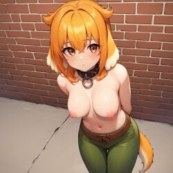 ai_generated animal_ears arms_behind_back bangs bereft breasts brick_wall brown_eyes collar dog_ears dog_girl dog_tail green_pants hair_between_eyes isekai_meikyuu_de_harem_wo leaning_forward looking_at_viewer navel nipples orange_hair orange_tail pants roxanne_(isekai_meikyuu_de_harem_wo) stable_diffusion standing tail upper_body