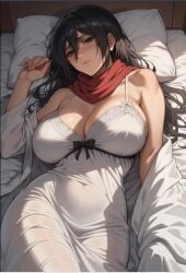 1girls ai_generated attack_on_titan bed blanket female female_focus female_only mikasa_ackerman solo solo_focus