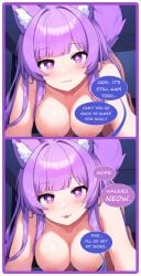 1girls :3 :3d ai_generated all_fours bed bedroom big_breasts blush breasts caption chat comic comic_page curvy cute dog_ears dog_girl doggirl female female_focus female_only highres hips huge_boobs huge_breasts indoors kemonomimi light_skin light_skinned_female long_hair looking_at_viewer naked naked_female nude nude_female patreon_username petgirl petite pov purple_ears purple_eyes purple_hair purple_tail speech_bubble talking talking_to_viewer thick_thighs thighs tori toriwoofs underneath watermark wavy_hair white_skin white_skinned_female wide_hips wolf_ears