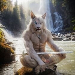 absurd_res adult anthro canid canine canis erection foreskin fur genitals hi_res humanoid_genitalia humanoid_penis long_foreskin lycanthrope male male/male mammal nude_art penis solo summer waterfall were werecanid werecanine werewolf white_body white_fur wolf