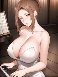 ai_generated atm-dragon big_breasts brown_hair dress huge_breasts large_breasts looking_at_viewer mature_female milf piano tachibana-san-chi_no_dansei_jijou tachibana_kyouka voluptuous voluptuous_female white_dress yellow_eyes