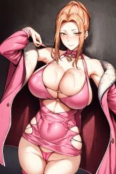 ai_generated atm-dragon big_breasts huge_breasts large_breasts looking_at_viewer mature_female milf orange_hair pink_dress ponytail prostitute prostitution pussy_visible_through_panties seductive_eyes seductive_look seductive_smile smiling squatting tachibana-san-chi_no_dansei_jijou tachibana_kyouka thick_thighs thighs voluptuous voluptuous_female yellow_eyes