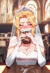 1girls ai_generated artstyle_imitation blonde_hair blue_eyes breasts crystal_rose_lux crystal_rose_series cum cum_drinking cum_in_container drinking_cum female floox gokkun hi_res high_resolution league_of_legends light-skinned_female light_skin long_hair luxanna_crownguard riot_games stable_diffusion thiccwithaq_(ai_style) thighs wedding_dress wedding_veil