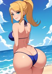 ai_generated aiartforall ass beach bikini blonde_hair blue_eyes eyebrows_visible_through_hair huge_ass large_breasts looking_at_viewer metroid nintendo ocean ponytail samus_aran sand sideboob smile