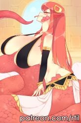 absurdres artist_name blush bracelet breasts english_commentary forked_tongue from_side highres huge_breasts jewelry lamia long_hair long_tongue looking_at_viewer looking_back mature_female miia's_mother_(monster_musume) monster_girl monster_musume_no_iru_nichijou nipples nude oerba_yun_fang patreon_username pointy_ears red_hair red_scales rtil scales smile tongue unaligned_breasts web_address