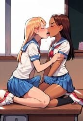 2futas 2girls ai_generated annoyed blonde_hair brown_hair closed_eyes dark-skinned_female dark-skinned_futanari dark_skin desgens erection erection_under_clothes french_kiss futa_on_futa futanari kissing saliva school_uniform schoolgirl teenage_girl teenager tsundere