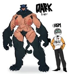 1boy 1girls animal_hands animal_humanoid anthro anthrofied big_female big_woman blue_hair hairy hairy_pussy muscular muscular_female orange_eyes pierced_nipples piercing rem_(oc) remiman robot robot_boy scar scars scars_all_over size_difference strong