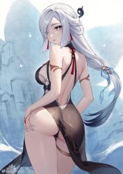 1girls ass backboob big_ass big_breasts blue_eyes breasts dress female genshin_impact hand_on_ass hand_on_butt helloimtea large_ass multicolored_eyes purple_eyes shenhe_(genshin_impact) silver_hair solo solo_female thick_thighs thighs yellow_eyes