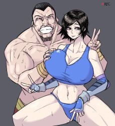 1boy 1girls big_breasts blue_sports_bra breasts busty cheating curvaceous curvy curvy_body curvy_female curvy_figure escape1111 female huge_breasts kazama_asuka large_breasts namco peace_sign sports_bra tekken thick_thighs tomboy v_sign voluptuous