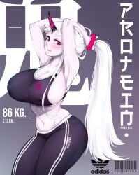 1girls armpits barcode belly_button blush breasts cleavage female female_only gym_clothes height horns huge_breasts kantai_collection light-skinned_female light_skin monster_girl oni oni_female oni_horn pink_eyes seaport_hime shinkaisei-kan sideboob solo uni_(oni_unicorn) weight white_hair